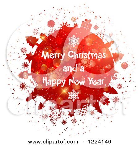 Clipart of a Merry Christmas and a Happy New Year Greeting on a Red Snowflake Globe - Royalty Free Vector Illustration by KJ Pargeter