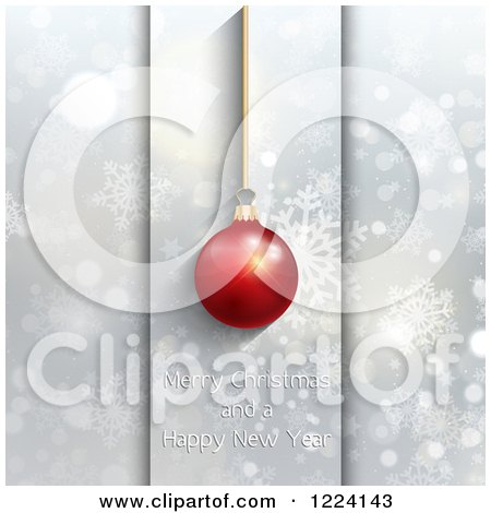 Clipart of a Merry Christmas and a Happy New Year Greeting with a Bauble on Snowflake Panels - Royalty Free Vector Illustration by KJ Pargeter