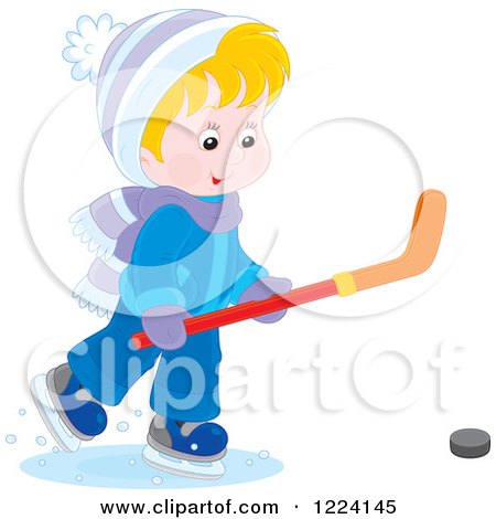 Clipart of a Blond Winter Boy Playing Ice Hockey - Royalty Free Vector Illustration by Alex Bannykh