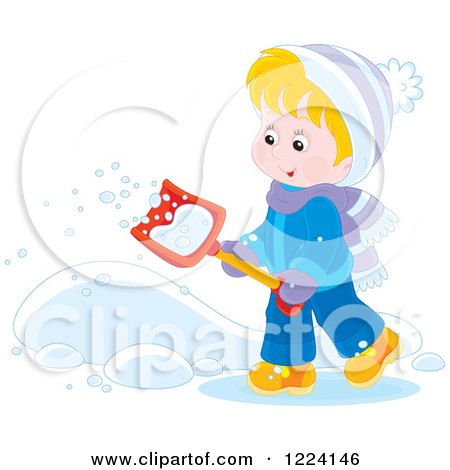 Clipart of a Blond Winter Boy Shoveling Snow - Royalty Free Vector Illustration by Alex Bannykh
