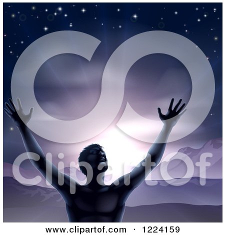 Clipart of a Silhouetted Man in Worship, Holding His Arms up to a Purple Sky over Mountains - Royalty Free Vector Illustration by AtStockIllustration