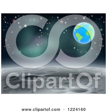Clipart of a Moon Landscape with Earth and Stars in the Background - Royalty Free Vector Illustration by AtStockIllustration