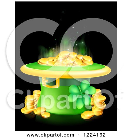 Clipart of a St Patricks Day Leprechaun Hat with Shining Gold Coins and a Shamrock on Black - Royalty Free Vector Illustration by AtStockIllustration