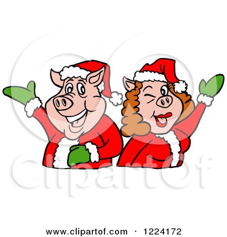 Clipart of a Christmas Pig Couple Presenting - Royalty Free Vector Illustration by LaffToon