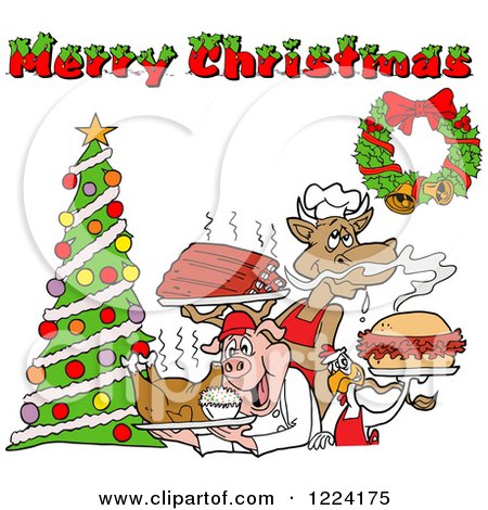 Clipart of a Merry Christmas Greeting over a Cow Holding Ribs, Chicken Carrying a Pulled Pork Sandwich and Pig Carrying a Roasted Chicken - Royalty Free Vector Illustration by LaffToon