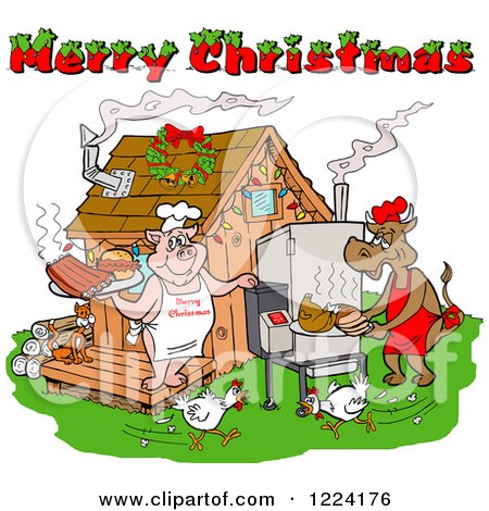Clipart of a Merry Christmas Greeting over Chickens a Cow and Pig Using a Smoker at a Bbq Shack - Royalty Free Vector Illustration by LaffToon