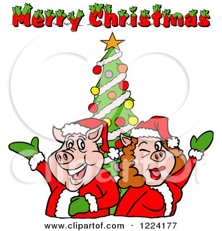 Clipart of a Pig Couple by a Christmas Tree with Merry Christmas Text - Royalty Free Vector Illustration by LaffToon