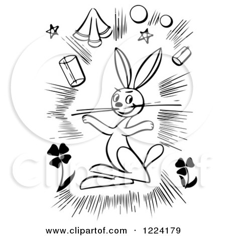 Clipart of a Black and White Magic Rabbit and Items - Royalty Free Vector Illustration by Picsburg