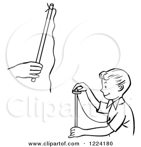 Clipart of a Black and White Happy Retro Boy Magician Performing a Rising Ring Trick - Royalty Free Vector Illustration by Picsburg