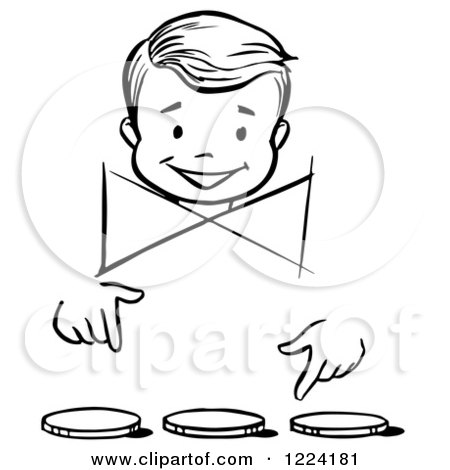 Clipart of a Black and White Happy Retro Boy Performing a Three Coin Fooler Magic Trick - Royalty Free Vector Illustration by Picsburg