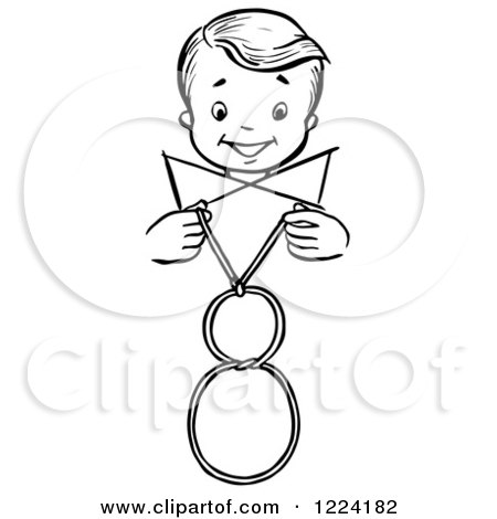 Clipart of a Black and White Happy Retro Boy Performing a Vanishing Loop Magic Trick - Royalty Free Vector Illustration by Picsburg