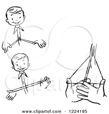 Clipart of a Black and White Happy Retro Boy Performing Steps of a Buttonhole Roll Magic Trick - Royalty Free Vector Illustration by Picsburg