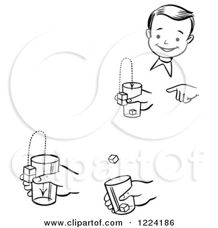 Clipart of a Black and White Happy Retro Boy Performing Steps of a Jumping Cubes Magic Trick - Royalty Free Vector Illustration by Picsburg
