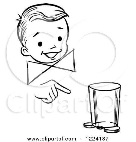 Clipart of a Black and White Happy Retro Boy Performing a Moving Coin and Cup Magic Trick - Royalty Free Vector Illustration by Picsburg