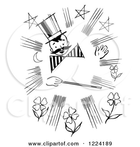 Clipart of a Black and White Happy Retro Magician Boy with a Mustache and Wand - Royalty Free Vector Illustration by Picsburg