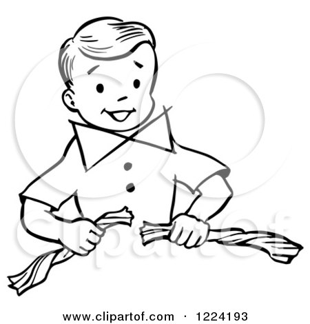 Clipart of a Black and White Happy Retro Boy Performing a Super Man Napkin Breaking Magic Trick - Royalty Free Vector Illustration by Picsburg