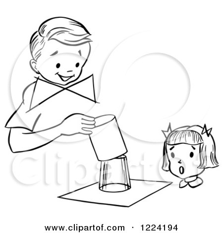 Clipart of a Black and White Girl Watching a Boy Perform a Magic Glass Magic Trick - Royalty Free Vector Illustration by Picsburg
