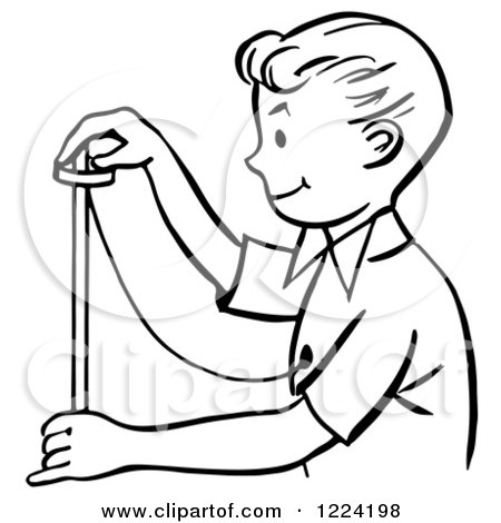 Clipart of a Black and White Happy Retro Magician Boy Performing a Rising Ring Trick - Royalty Free Vector Illustration by Picsburg