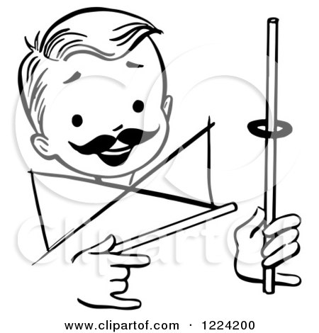 Clipart of a Black and White Happy Retro Boy Performing a Rising Ring Magic Trick - Royalty Free Vector Illustration by Picsburg