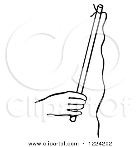 Clipart of a Black and White Hand Holding a Stick with a String for a Rising Ring Magic Trick - Royalty Free Vector Illustration by Picsburg