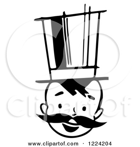 Clipart of a Black and White Happy Retro Boy with a Mustache and Top Hat - Royalty Free Vector Illustration by Picsburg