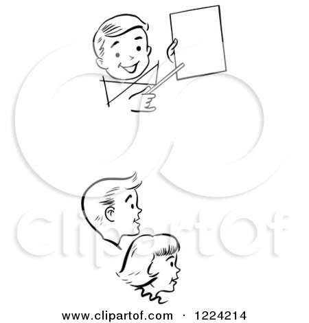 Clipart of Black and White Retro Children Watching a Birthday Magic Trick - Royalty Free Vector Illustration by Picsburg