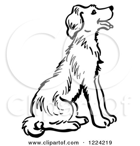 Clipart of a Black and White Happy Sitting Dog - Royalty Free Vector Illustration by Picsburg