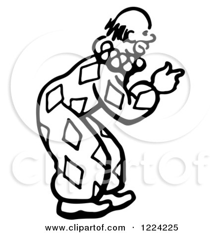 Clipart of a Black and White Clown Bending over and Pointing - Royalty Free Vector Illustration by Picsburg