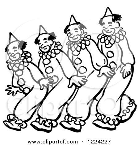 Clipart of Black and White Clowns Walking or Dancing - Royalty Free Vector Illustration by Picsburg