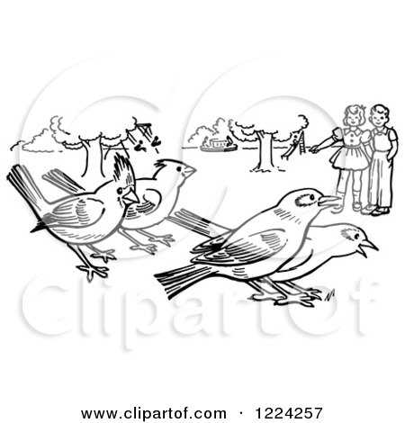 Clipart of Black and White Children Watching Birds in a Park - Royalty Free Vector Illustration by Picsburg