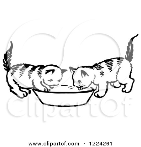 Clipart of Black and White Two Kittens Drinking from a Saucer - Royalty Free Vector Illustration by Picsburg