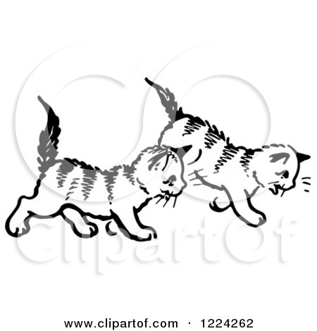 Clipart of Black and White Two Kittens Walking - Royalty Free Vector
