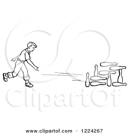 Clipart of a Black and White Retro Boy Bowling - Royalty Free Vector Illustration by Picsburg