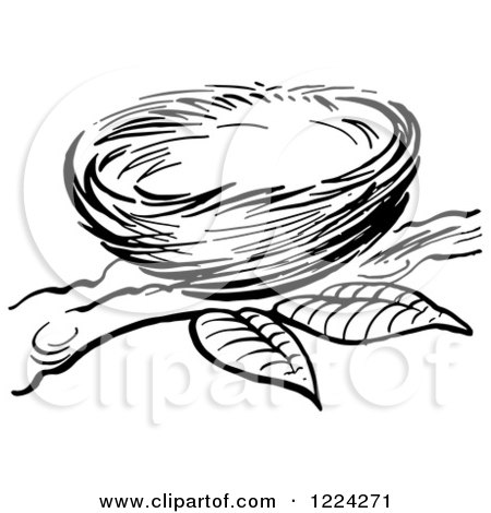 Clipart of a Black and White Bird Nest on a Branch - Royalty Free Vector Illustration by Picsburg