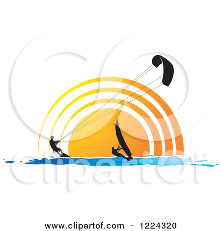 Clipart of a Silhouetted Kite Surfer and Windsurfer Against a Sunset - Royalty Free Vector Illustration by Lal Perera