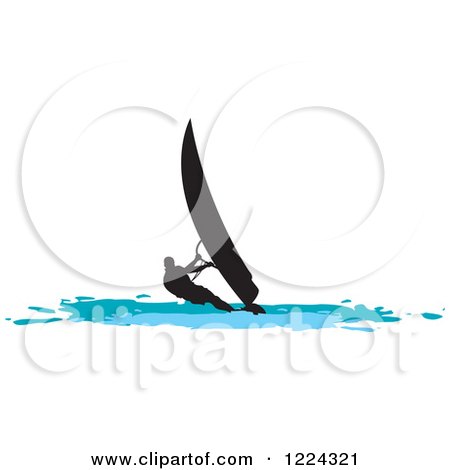 Clipart of a Silhouetted Windsurfer on Blue Water - Royalty Free Vector Illustration by Lal Perera