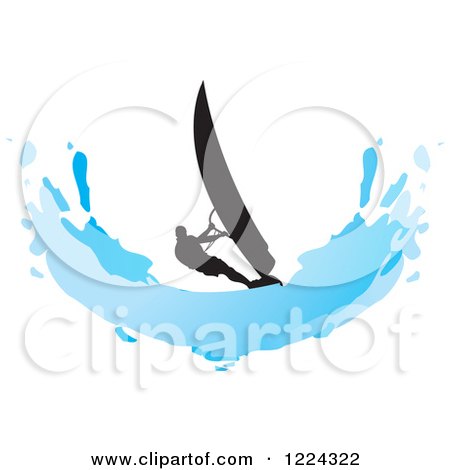 Clipart of a Silhouetted Windsurfer and a Blue Splash - Royalty Free Vector Illustration by Lal Perera