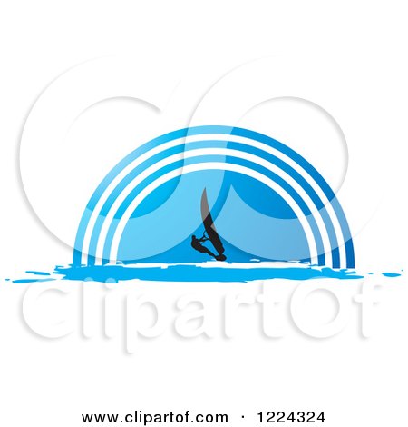 Clipart of a Silhouetted Windsurfer over a Blue Half Circle - Royalty Free Vector Illustration by Lal Perera