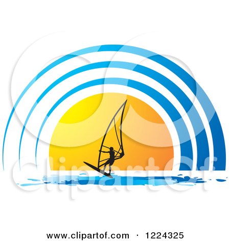 Clipart of a Silhouetted Windsurfer over a Blue and Orange Sun - Royalty Free Vector Illustration by Lal Perera