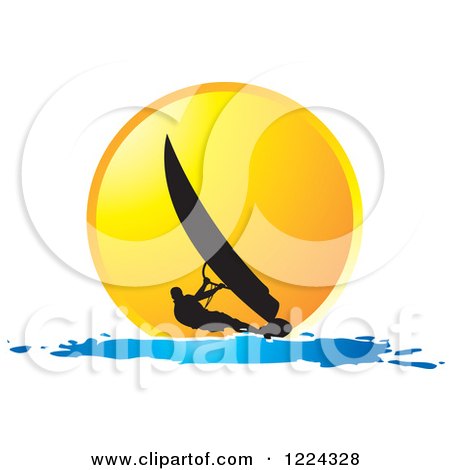 Clipart of a Silhouetted Windsurfer Against an Orange Sunset - Royalty Free Vector Illustration by Lal Perera
