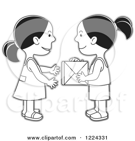 Clipart of Grayscale Girls Exchanging a Gift Box - Royalty Free Vector Illustration by Lal Perera