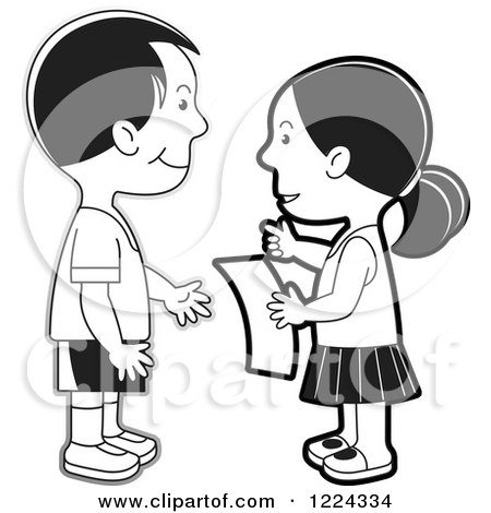 Clipart of a Grayscale Boy and Girl Discussing a Letter - Royalty Free Vector Illustration by Lal Perera