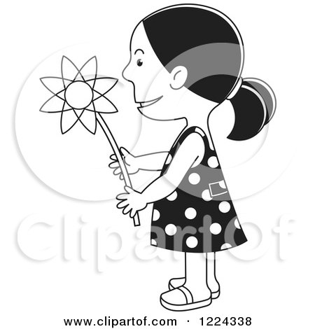Clipart of a Black and White Girl Holding a Flower - Royalty Free Vector Illustration by Lal Perera
