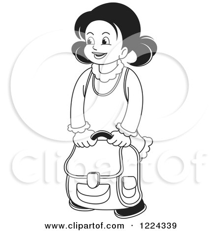 Clipart of a Black and White School Girl with a Backpack - Royalty Free Vector Illustration by Lal Perera