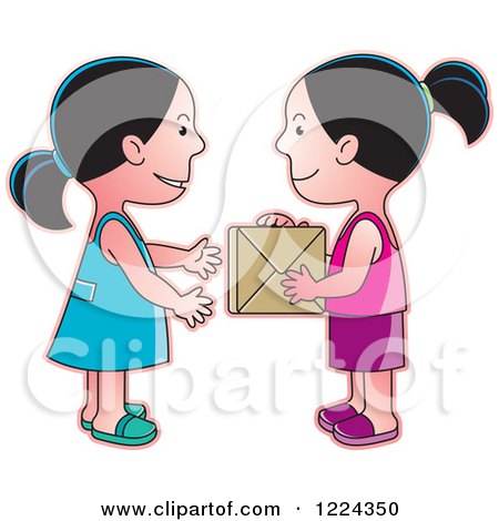 Clipart of Girls Exchanging a Gift Box - Royalty Free Vector Illustration by Lal Perera