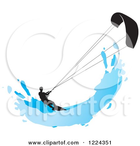 Clipart of a Silhouetted Kite Surfer with a Blue Splash - Royalty Free Vector Illustration by Lal Perera