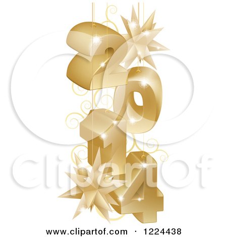 Clipart of a 3d Suspended Gold 2014 New Year Numbers with Stars and Swirls - Royalty Free Vector Illustration by AtStockIllustration