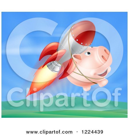 Clipart of a Happy Pig Flying with a Rocket over a Valley - Royalty Free Vector Illustration by AtStockIllustration