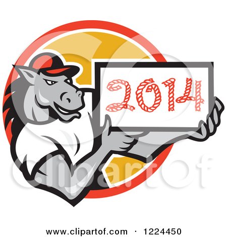 Clipart of a Strong Horse Holding a Year 2014 Sign in a Circle - Royalty Free Vector Illustration by patrimonio