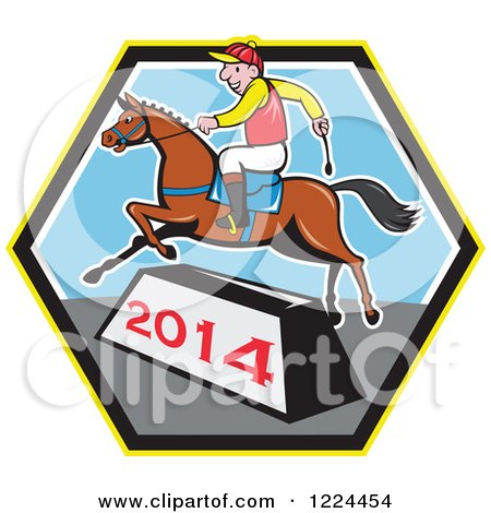 Clipart of a Jockey and Horse Leaping a Year 2014 Bar Ina Hexagon - Royalty Free Vector Illustration by patrimonio